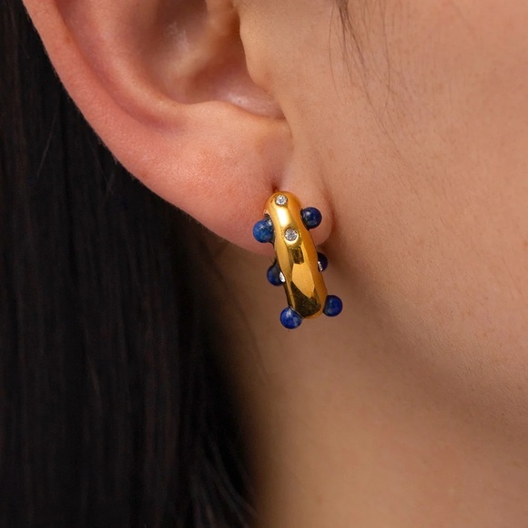 18K Gold Plated Mini Hoop Earrings*Lapis Lazuli Earrings*Mini Chunky Hoops - Picture 3 of 3